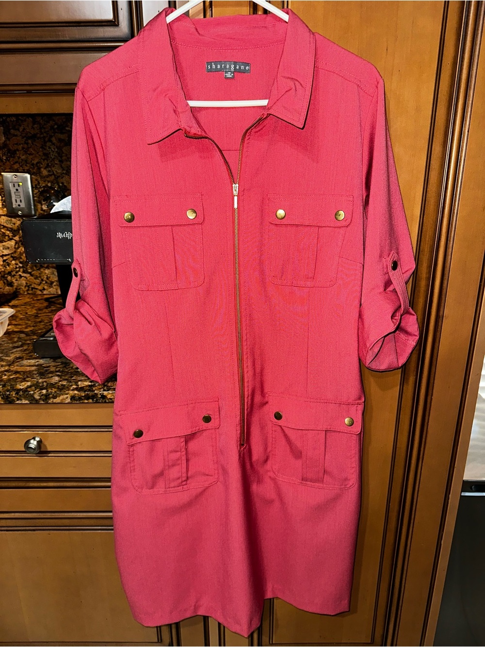 Sharagano Hot Pink Zip-Front Utility Shirt Dress Size: 16